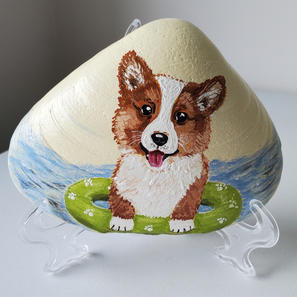 Original Corgi in Pool Float Hand-Painted Summer Pet Portrait 4.5" Seashell